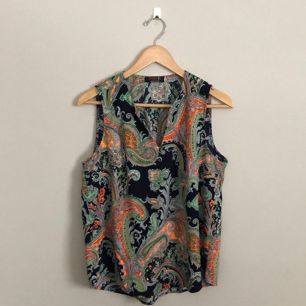 Renee C Multicolor Paisley Split Neck Tank sz M